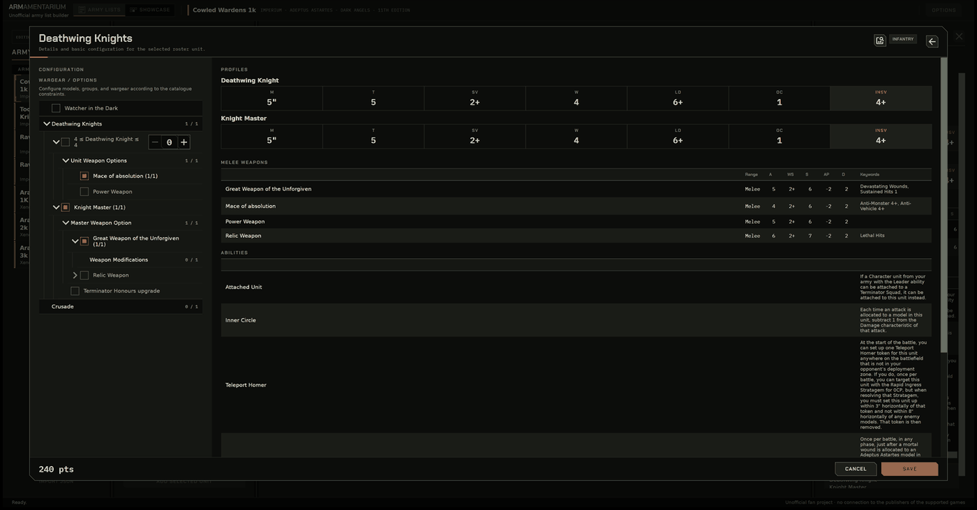 The unit detail: the configuration tree with weapon options on the left, the profile and
                  weapon tables on the right.